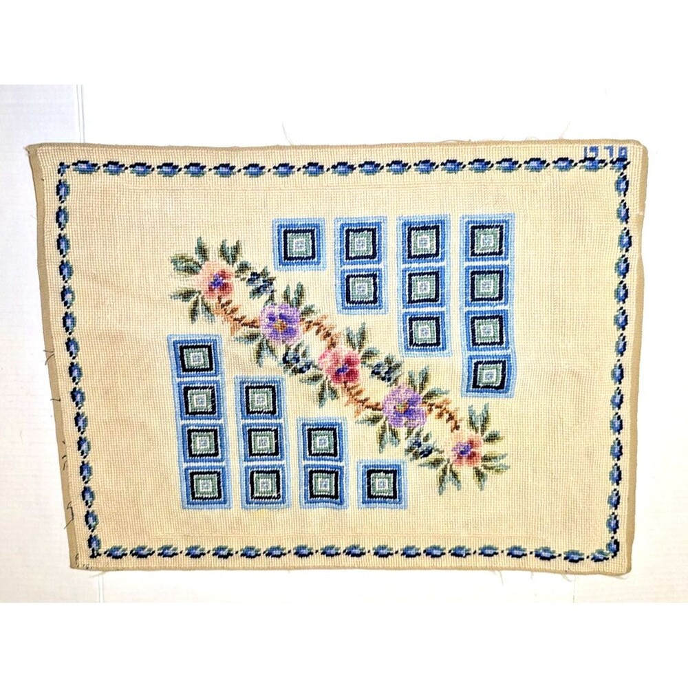 Vintage 1970 Cross-Stitch Floral Squares Panel Completed Fabric Art 21 x 16 Gift